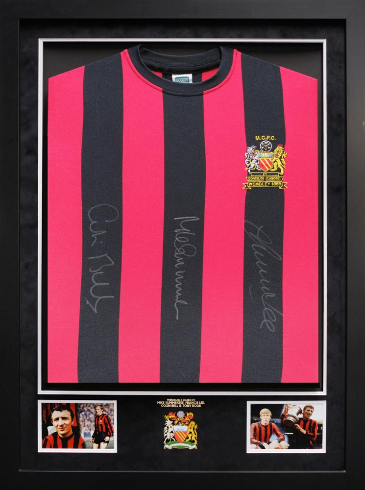 Manchester City Legends shirt Mike Summerbee, Francis Lee, Colin Bell & Tony Book - Memorabilia Framers Shop